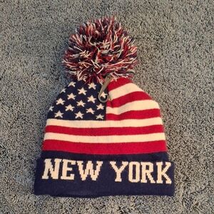 New York USA American Flag Patriotic Pom-Pom Beanie - Red, White, and Blue